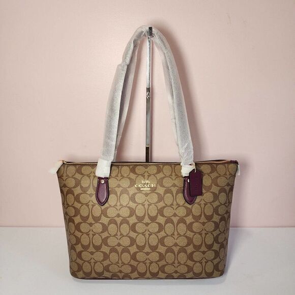 NWT COACH CH504 Gallery Tote in Signature Canvas & Leather Khaki Deep Berry - Picture 1 of 6